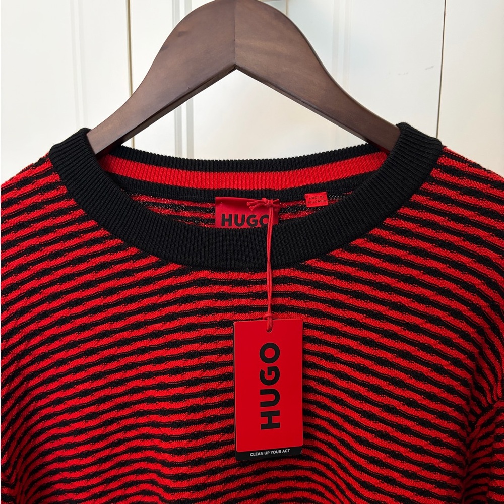 HUGO Red and Black Cotton Crewneck Sweater